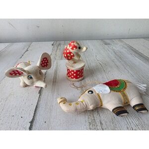 Vintage Dumbo elephant ornament polka dot red Xmas tree set plush velvet beaded